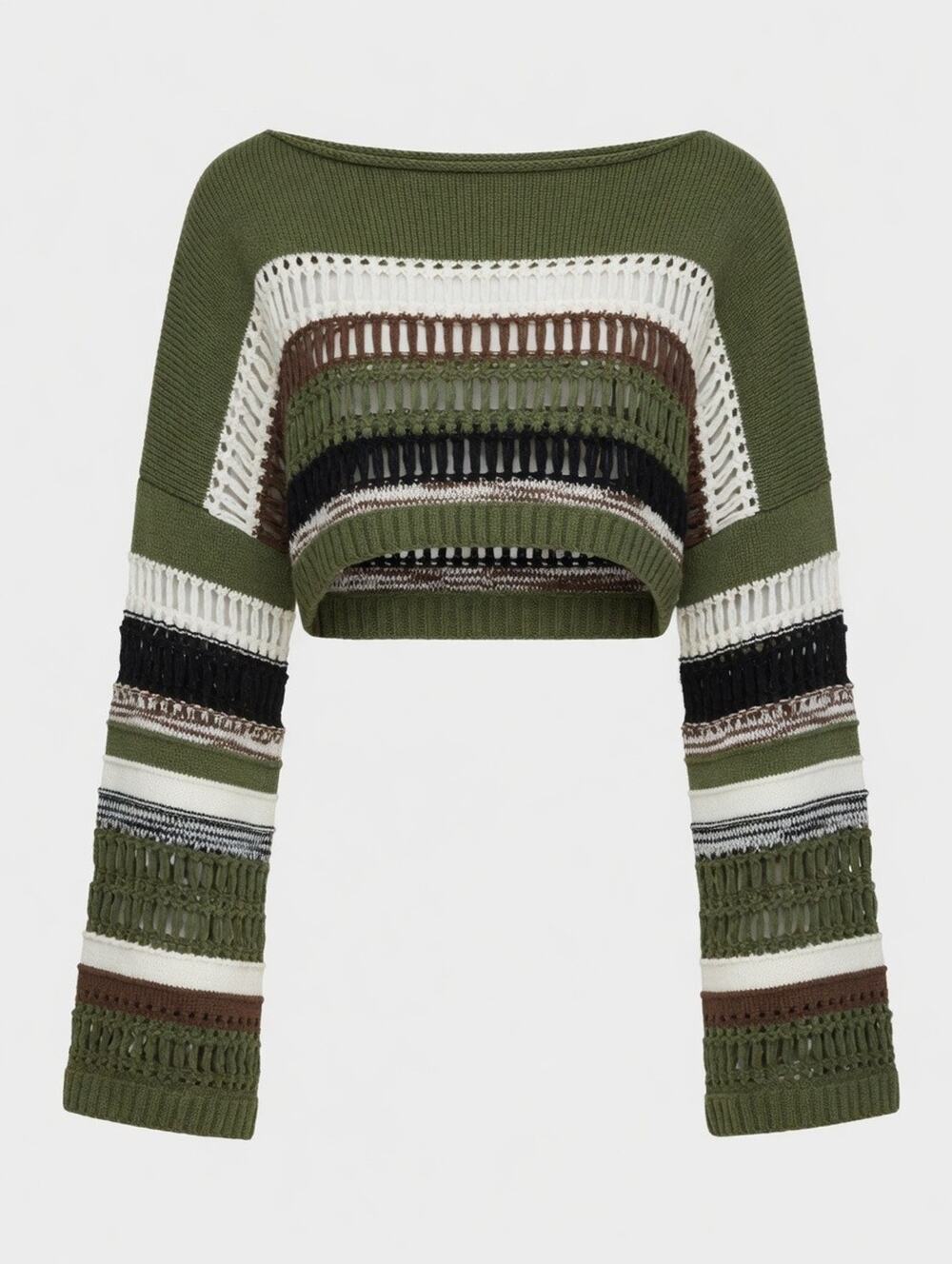 ROMWE Green Striped Crochet Crop Sweater – Size 4XL